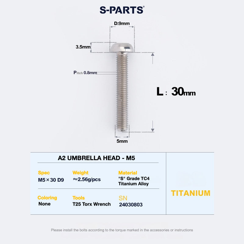 S-PARTS A2 Titanium Button Head Bolts M5 x 8–34mm