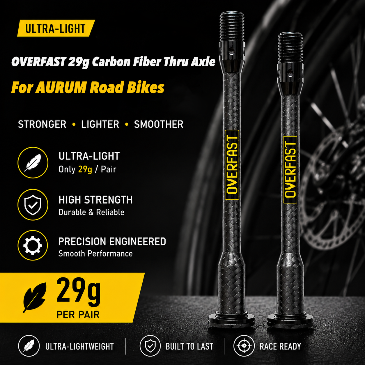 OVERFAST 29g Ultra-Light Carbon Fiber Thru Axle Set for AURUM Road Bikes