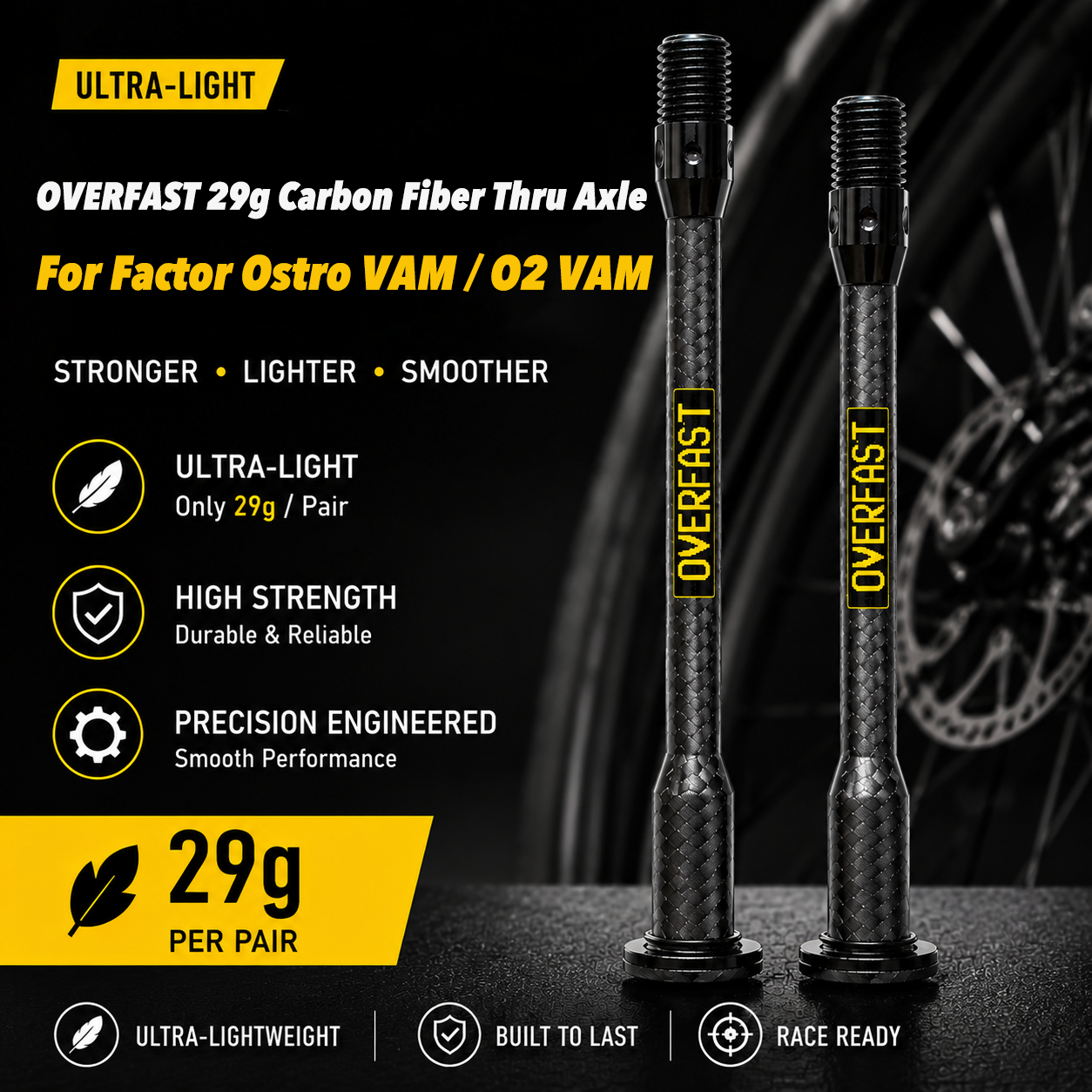OVERFAST 29g Ultra-Light Carbon Fiber Thru Axle Set for Factor Ostro VAM / O2 VAM
