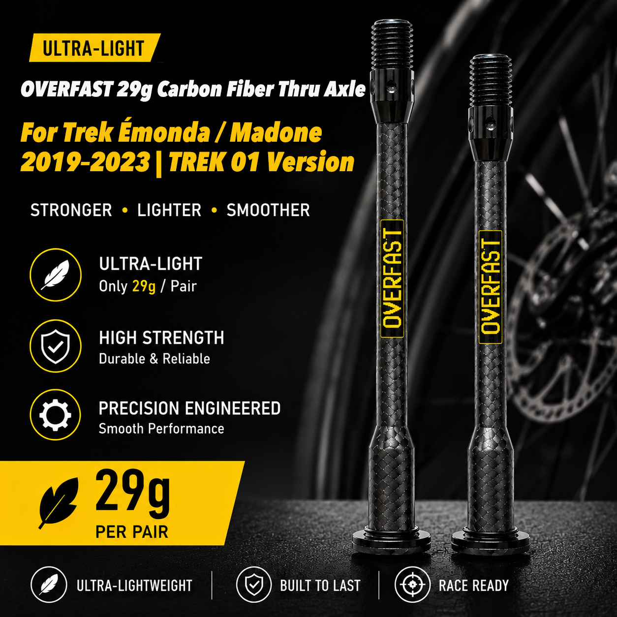 OVERFAST 29g Ultra-Light Carbon Fiber Thru Axle Set for Trek Émonda / Madone 2019–2023 | TREK 01 Version