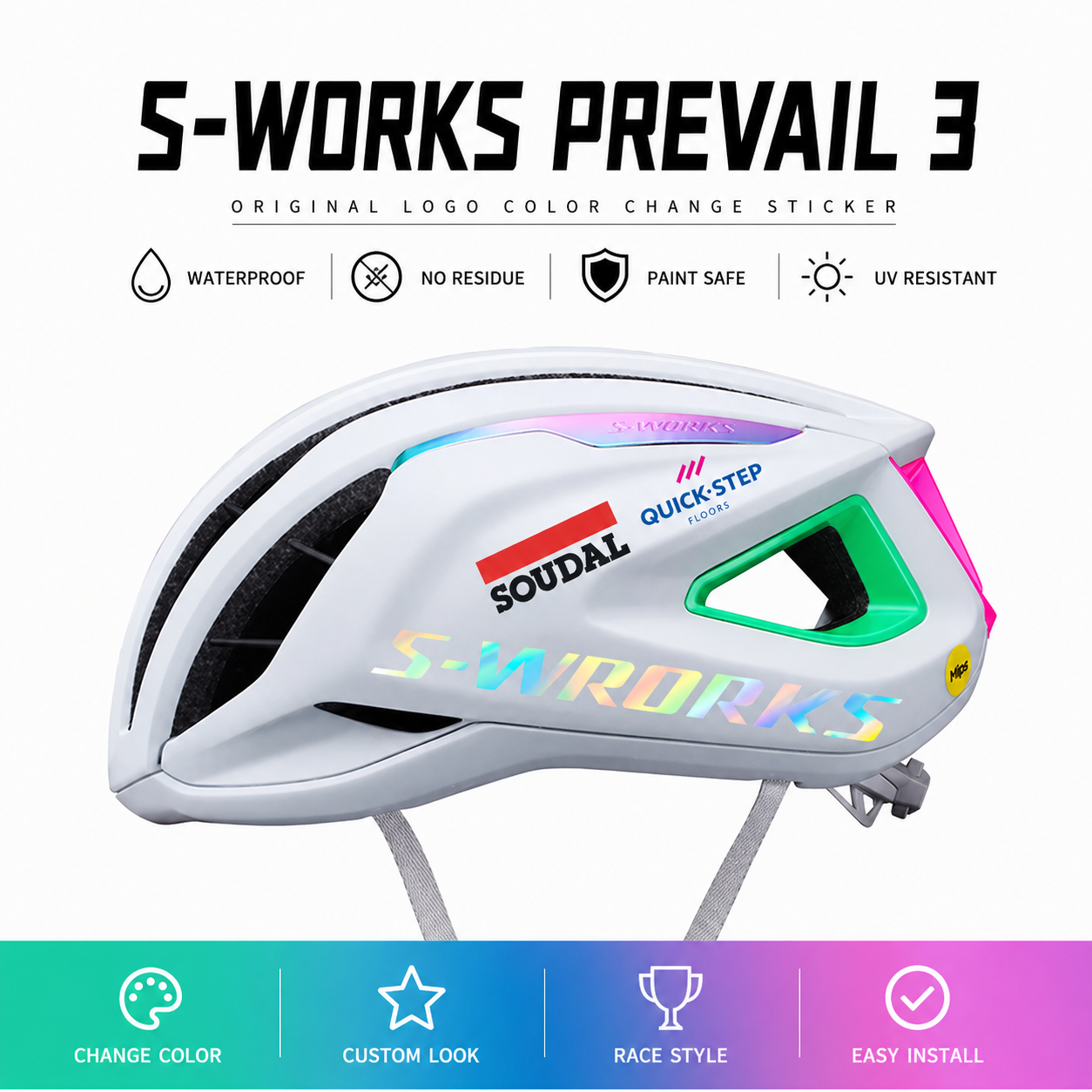 S-Works Prevail 3 Helmet Decal Sticker Kit for Specialized Quick-Step Team Logo Color Change
