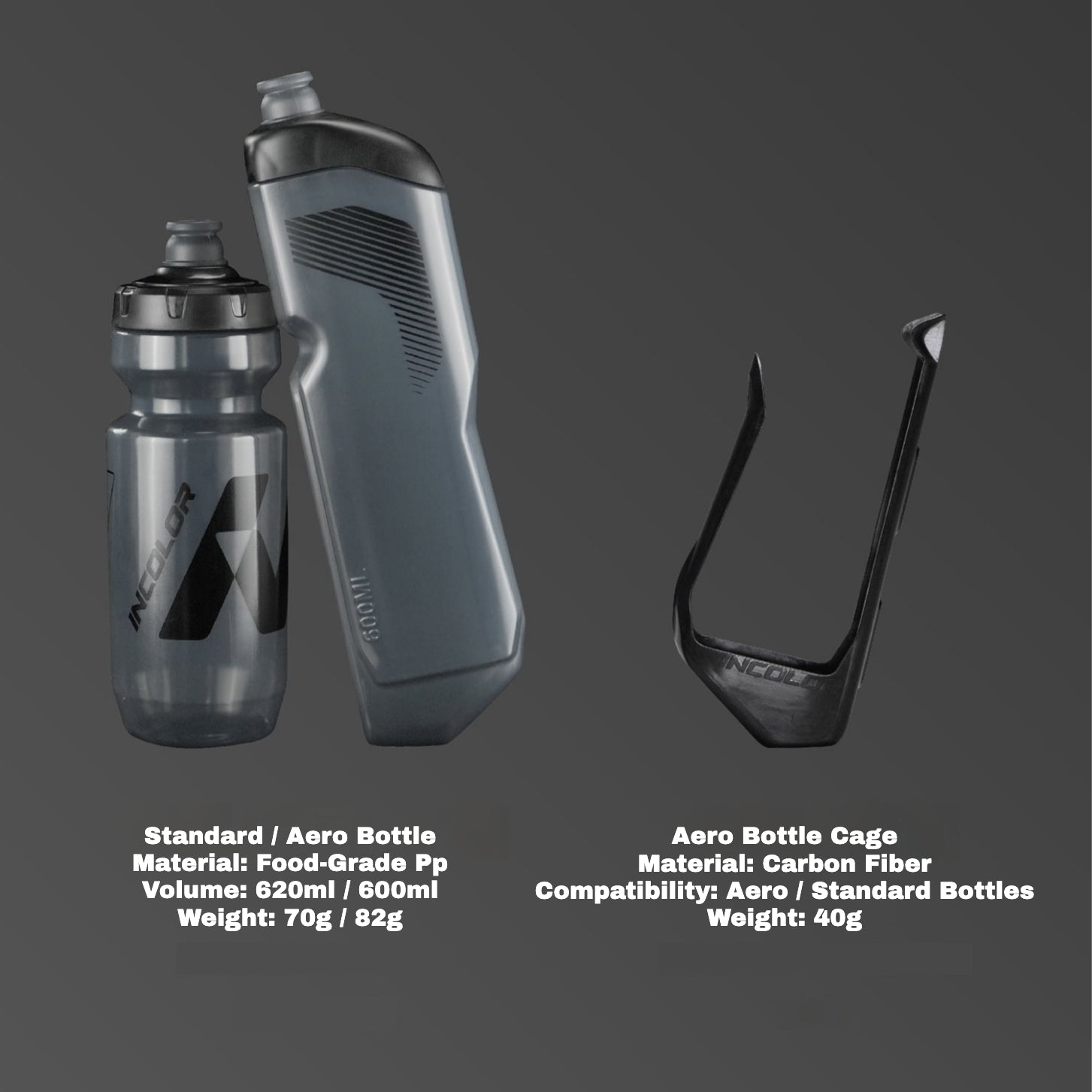 INCOLOR Aero Cycling Bottle & Carbon Cage|Aero Water Bottle|Save Up to 8W|600ml / 620ml|Bottle + Cage Set Options