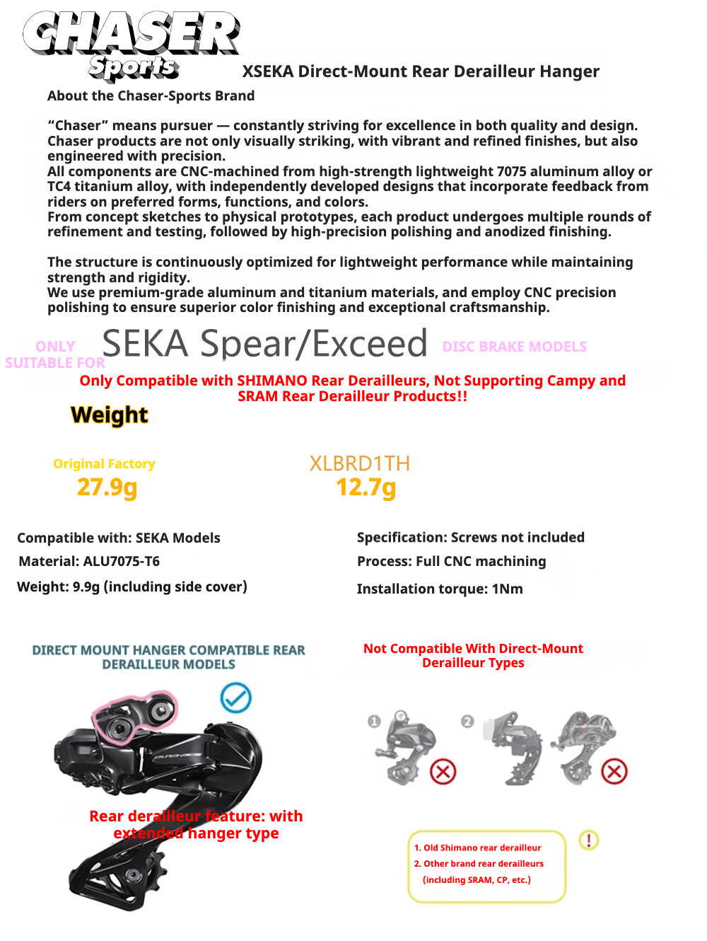 Chaser Ultralight Direct Mount Derailleur Hanger for SEKA Spear / Exceed – 12.7g CNC Aluminum