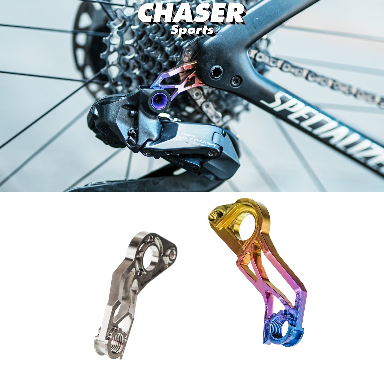 Chaser X Specialized Direct-Mount Rear Derailleur Hanger | TC4 Titanium CNC | Fits Aethos / Tarmac / CruX / Diverge / Roubaix / Shiv TT Disc Brake Frames (Shimano Only, Not Compatible with Allez)