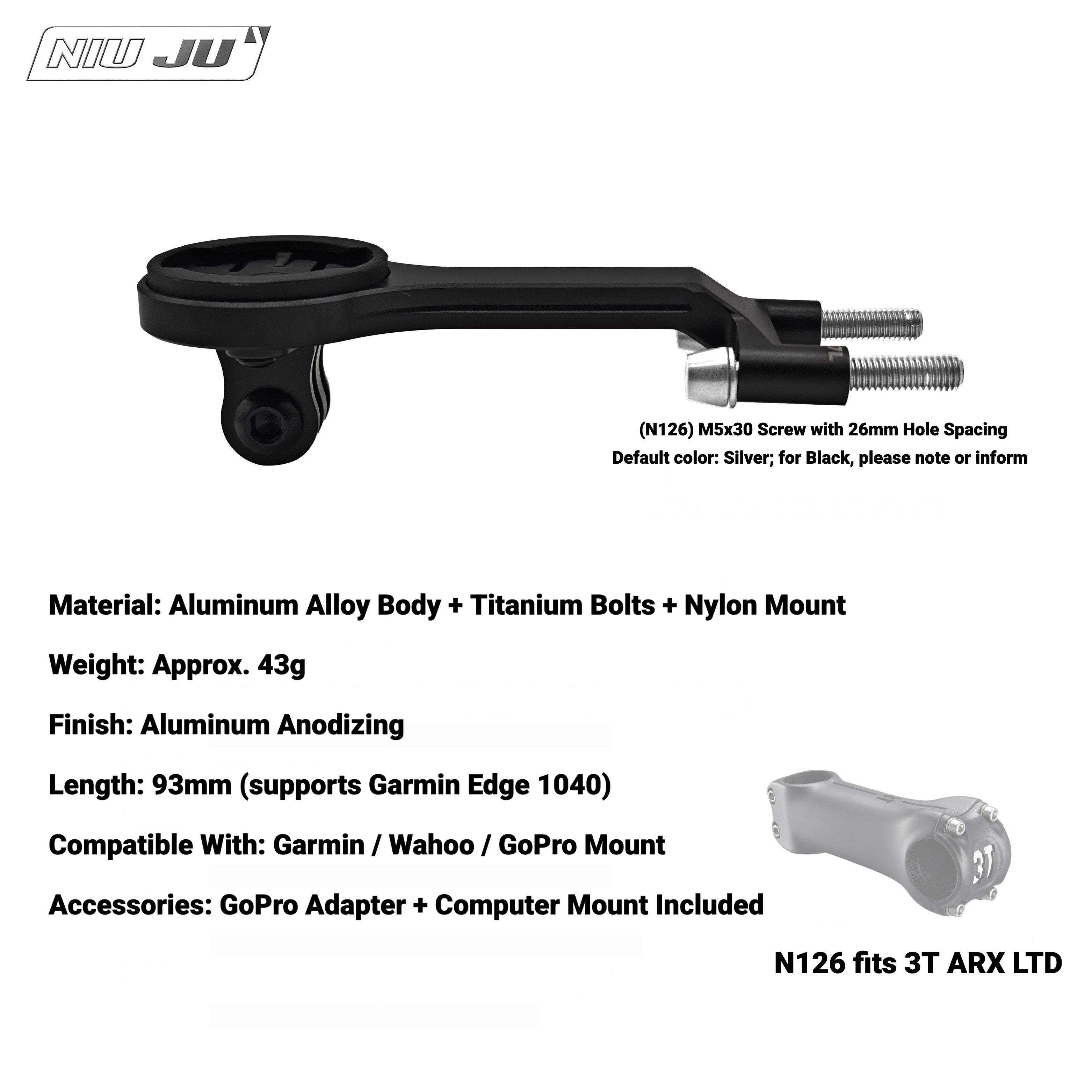 Titanium Computer Mount for 3T ARX LTD Stealth Stem | Garmin Wahoo Aero Bike Mount with GoPro Adapter