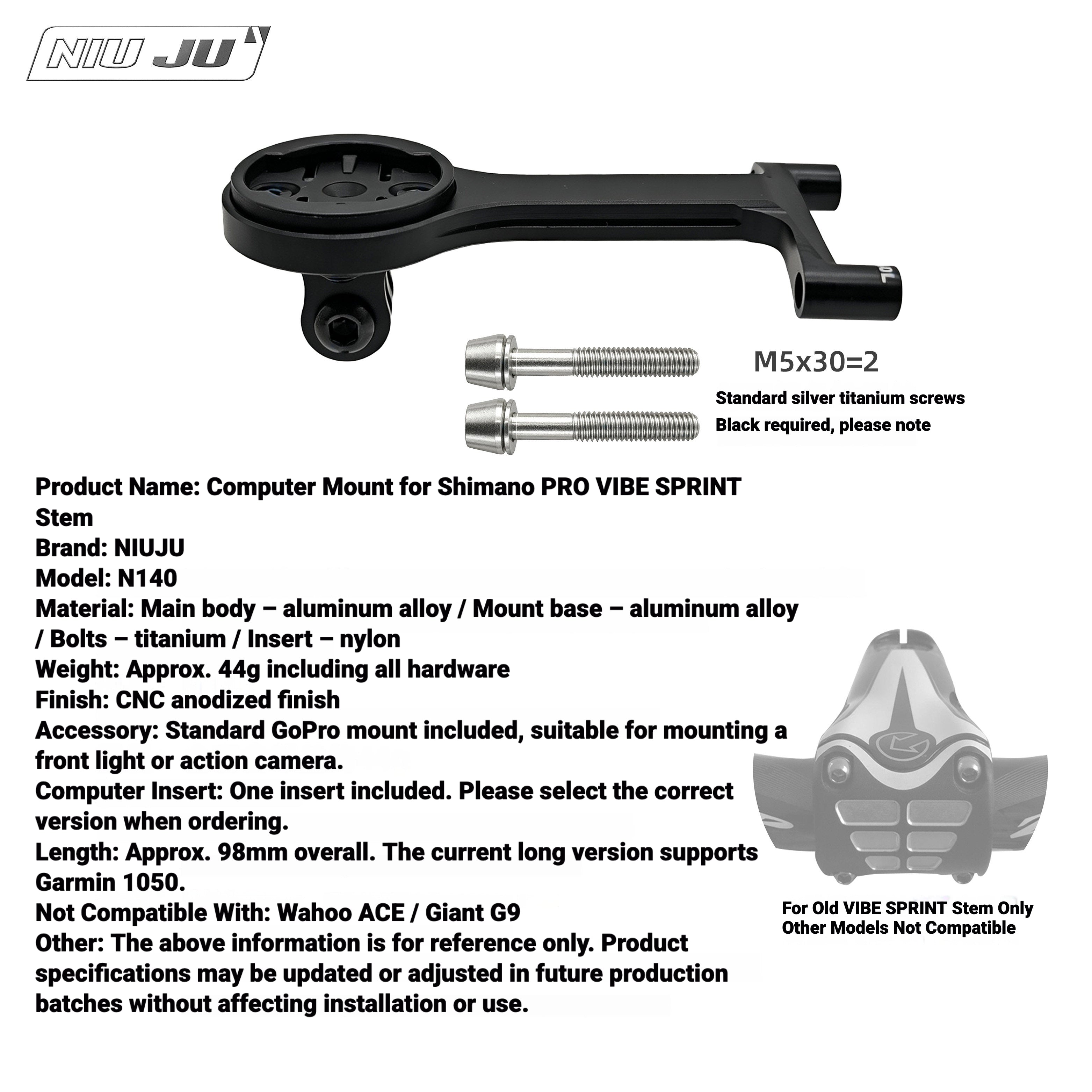 NIUJU Computer Mount for Shimano PRO VIBE SPRINT Stem | Garmin Wahoo Bike Mount