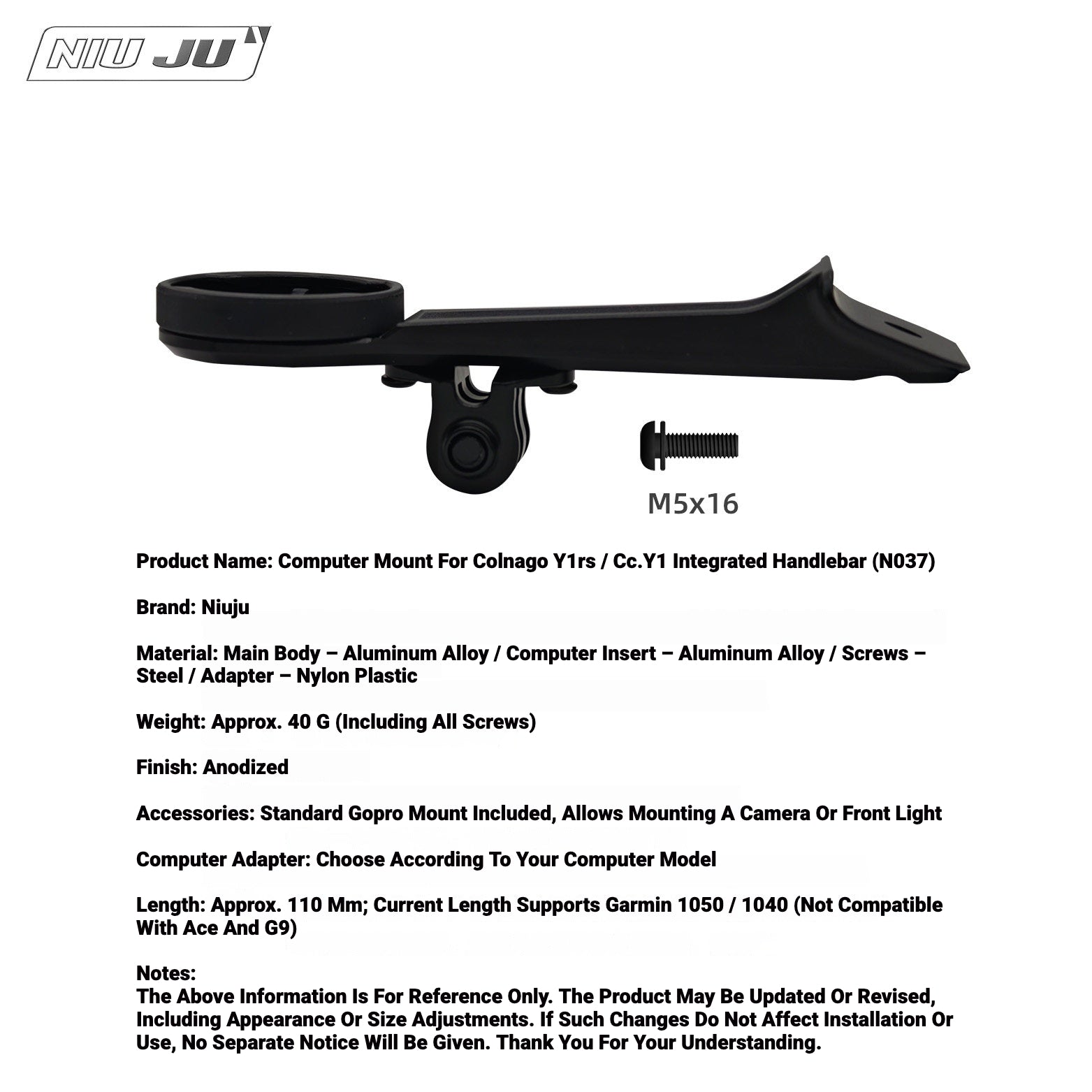 Colnago Y1RS Integrated Alloy Computer Mount | Garmin & Wahoo | Front Light & GoPro Compatible