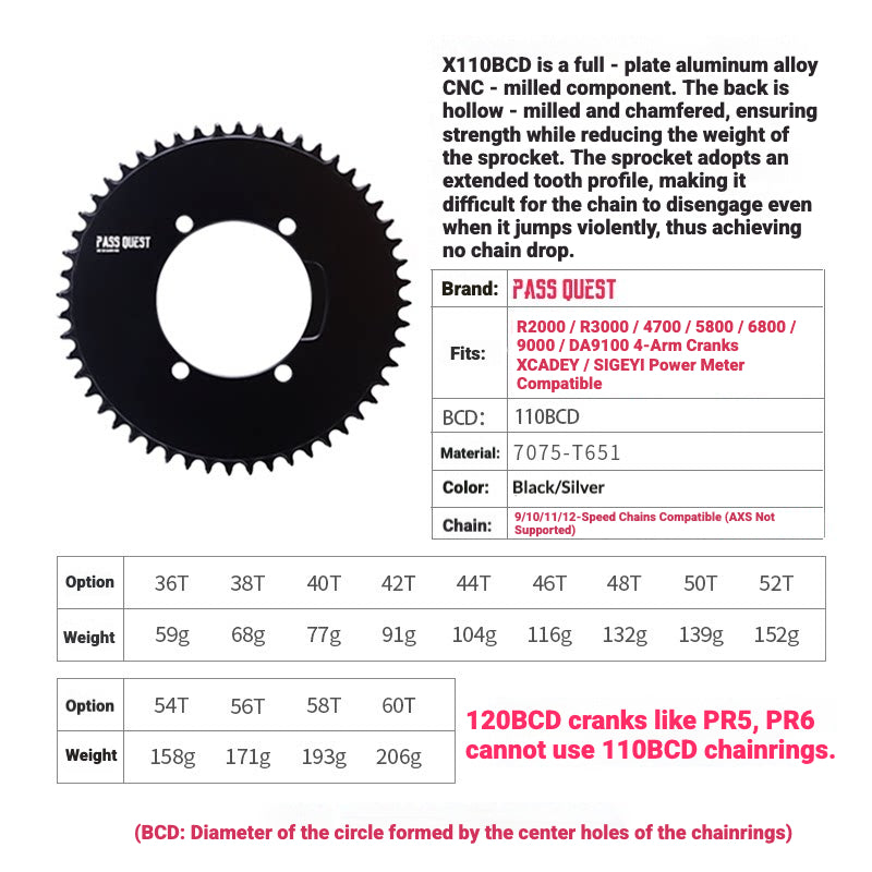 PASS QUEST X110BCD Narrow-Wide Chainring for Shimano 4-Arm Road Cranks | 36T–60T 1x