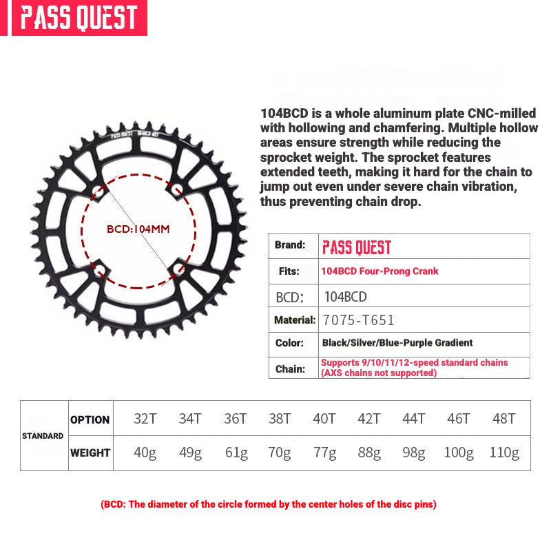 PASS QUEST 104BCD Narrow-Wide Chainring | Shimano XT M780 M610 1x MTB Chainring
