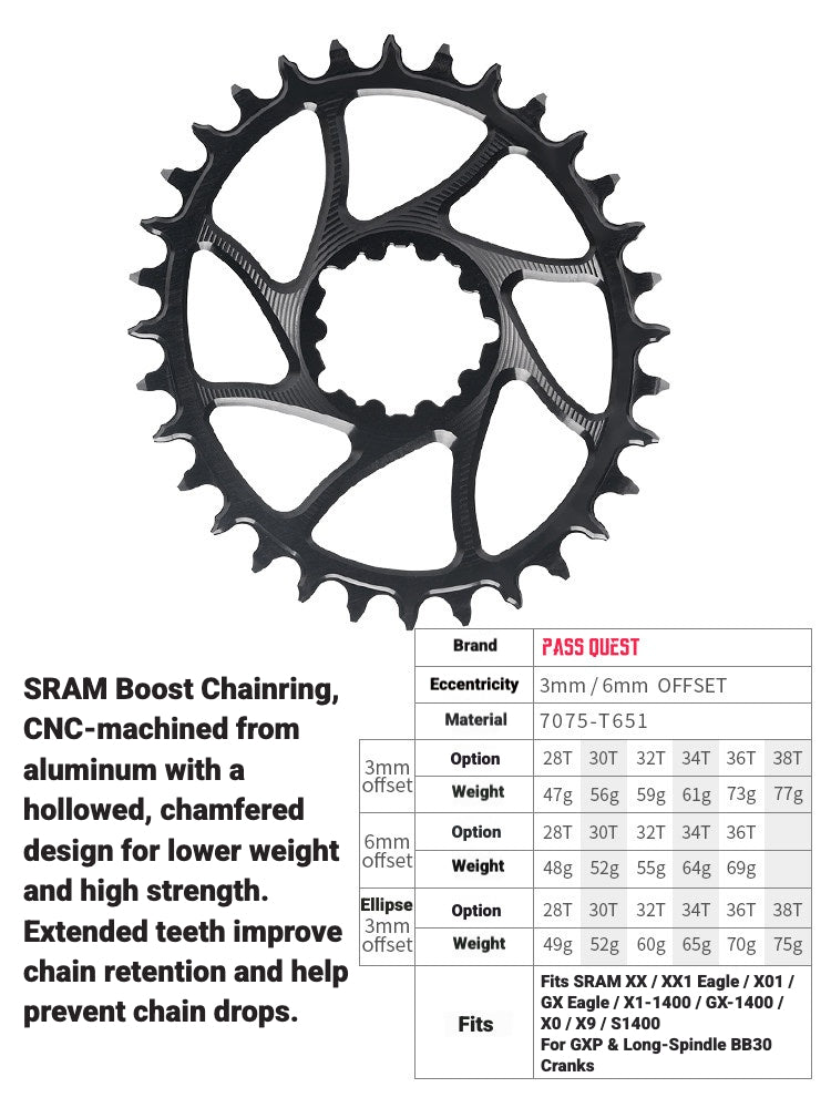 PASS QUEST SRAM 3-Bolt Direct-Mount Narrow-Wide Chainring | GXP DUB | 3mm / 6mm Offset