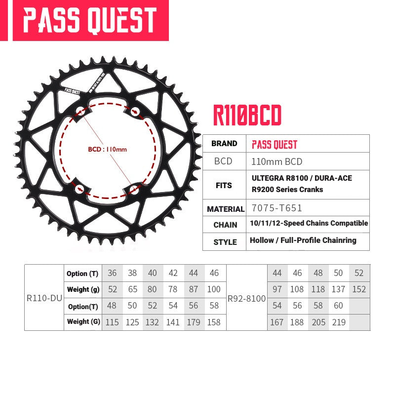 PASS QUEST 110BCD Narrow-Wide Chainring for Shimano R7100 / R8100 / R9200 | 36T–58T