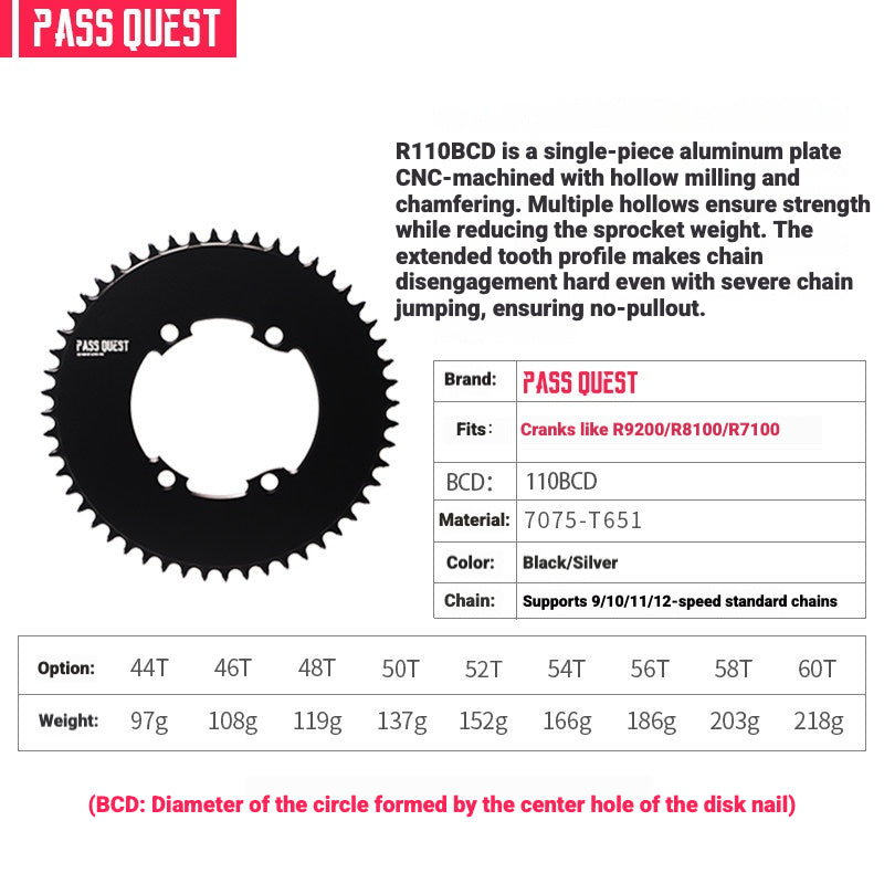 PASS QUEST 110BCD Narrow-Wide Chainring for Shimano R7100 / R8100 / R9200 | Full-Profile 44T–60T