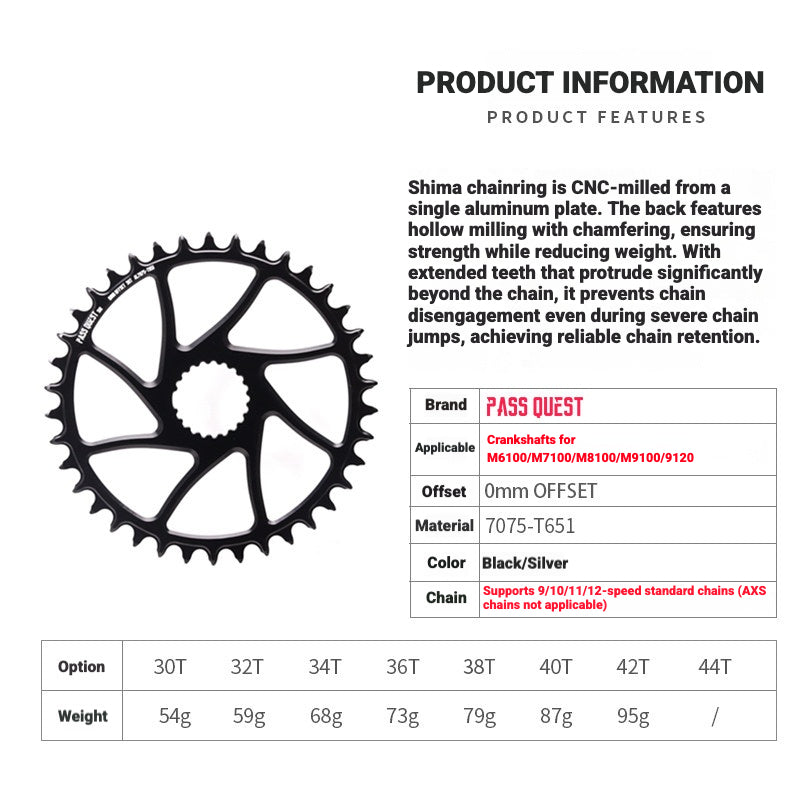 PASS QUEST Shimano Direct-Mount Narrow-Wide Chainring | M6100 M7100 M8100 M9100 | 0mm Offset