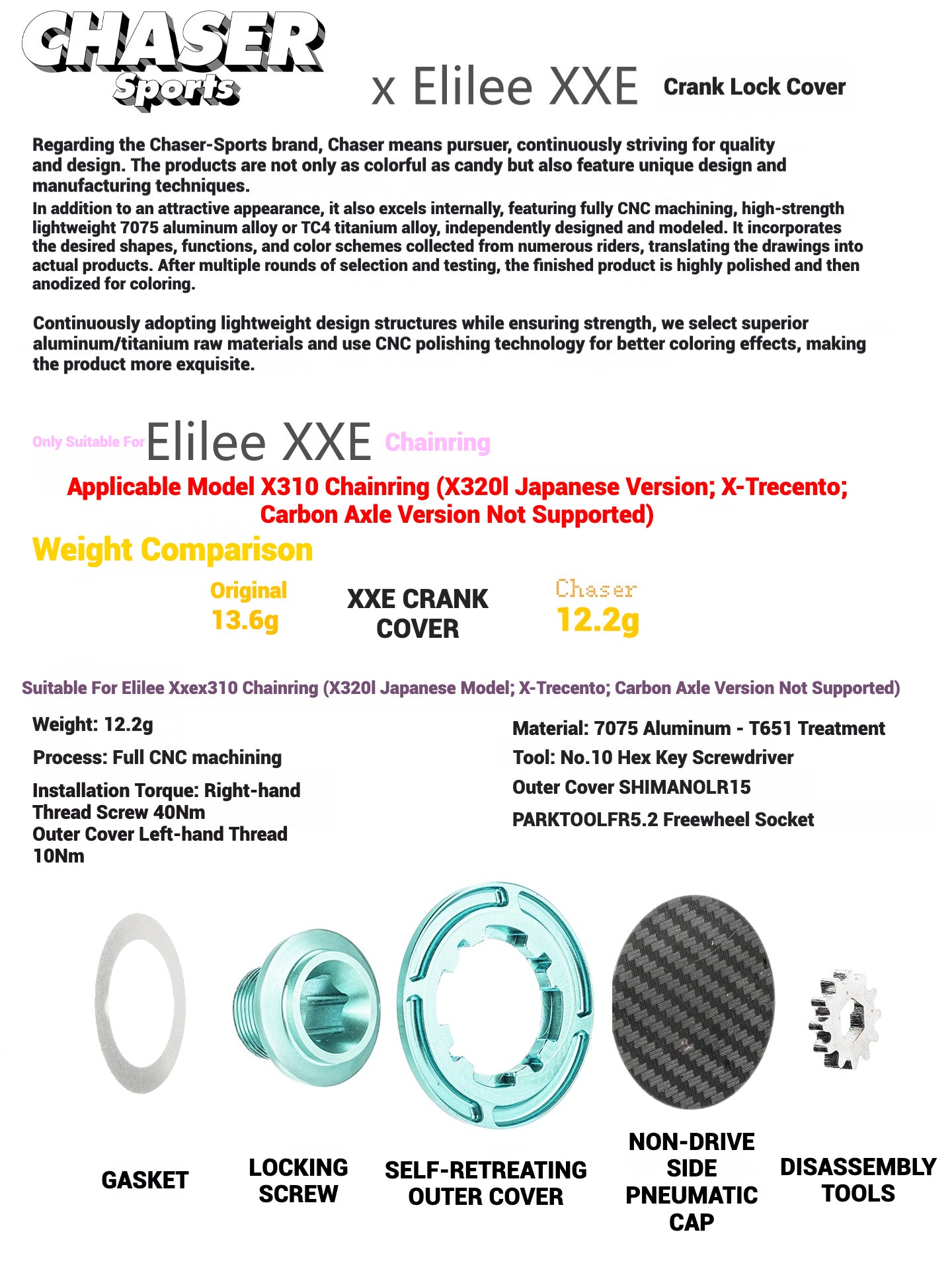 Chaser Ultra-Light Aluminum Crank Bolt Kit for Elilee XXE X310｜Chainring Fixing Bolt & Anti-Loosening Cap Set (with Tool & Aerodynamic Dust Cap)
