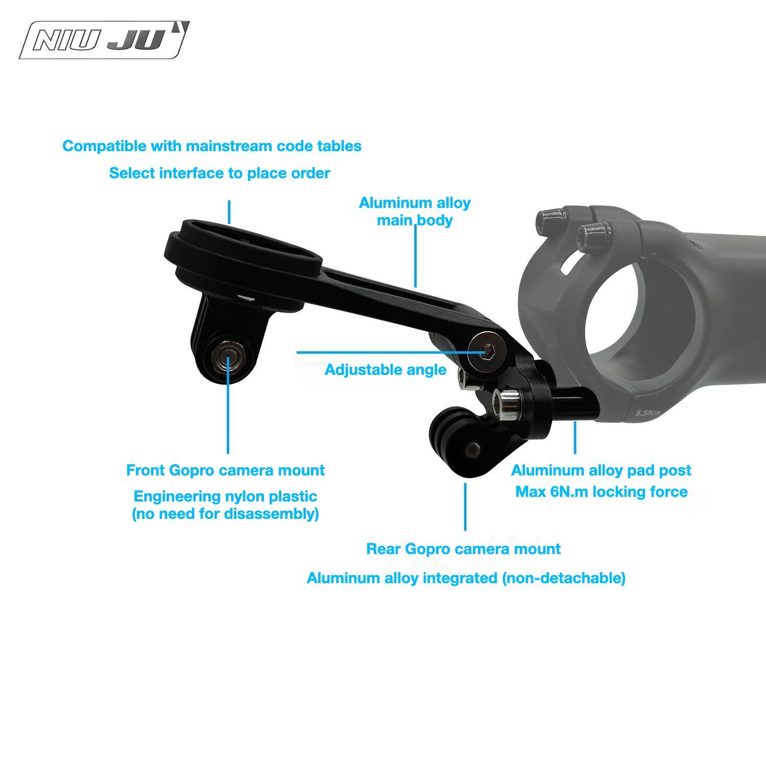 Adjustable Bike Computer Mount for Garmin & Wahoo | Dual GoPro Camera & Bike Light Mount