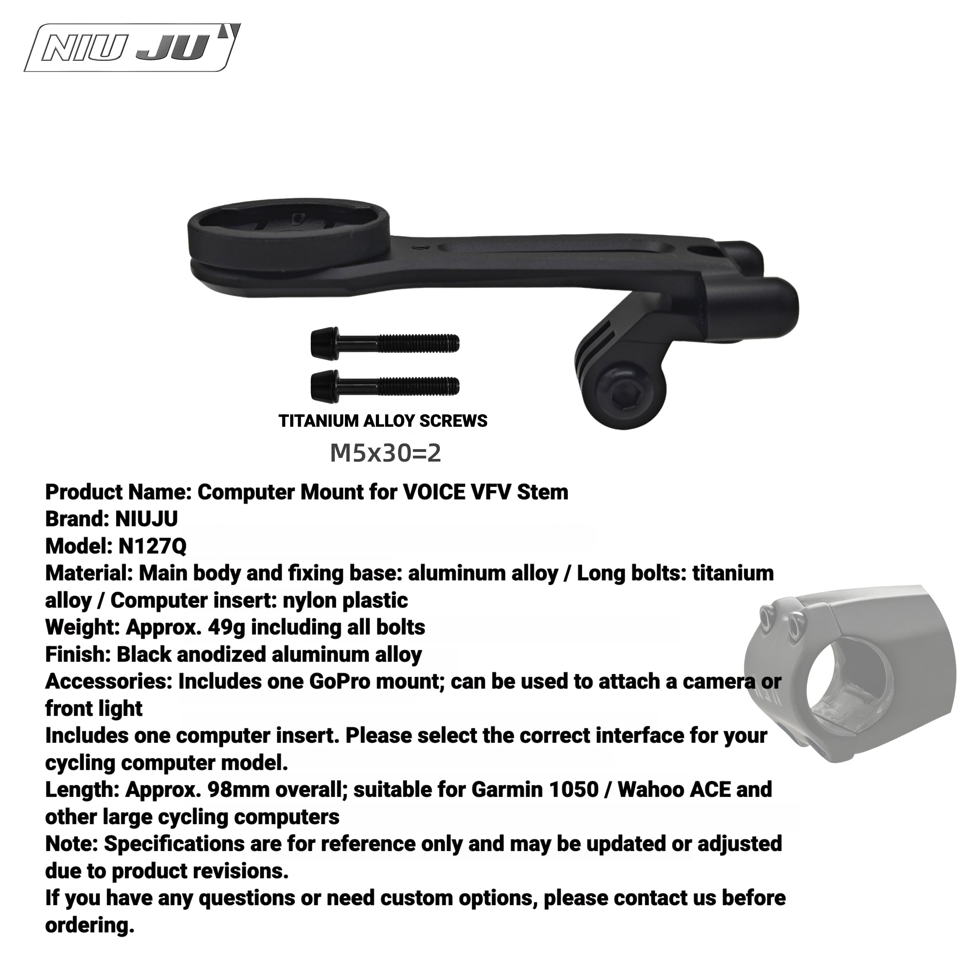 NIUJU Computer Mount for VOICE VFV Stem | Integrated Garmin Wahoo Mount with Rear GoPro Interface