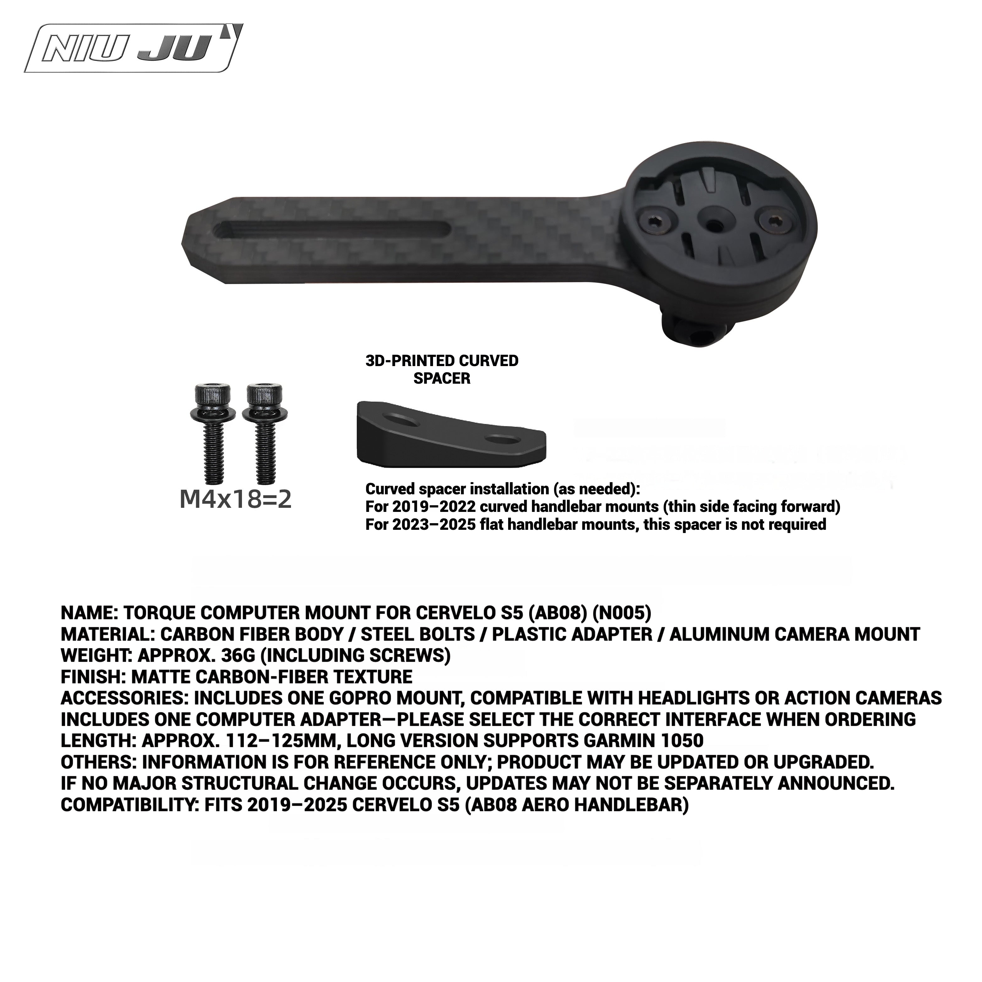 Cervelo S5 (AB08) Carbon Computer Mount｜Fits Garmin/Wahoo/Bryton/IGPS/Giant｜Ultra-Light Aero Mount for 2025 S5