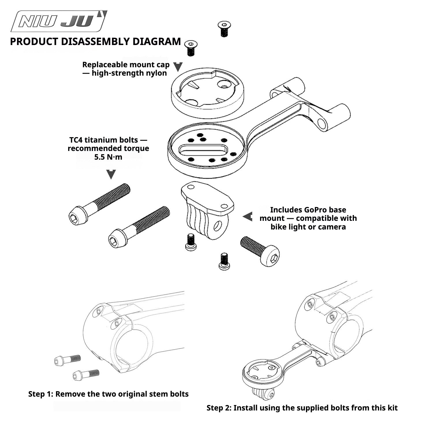 NIUJU Full CNC Aluminum Bike Computer Mount for Giant Contact SL / SLR / Aero Stem — Garmin / Wahoo / Bryton / Giant / Cateye Compatible (42 g)