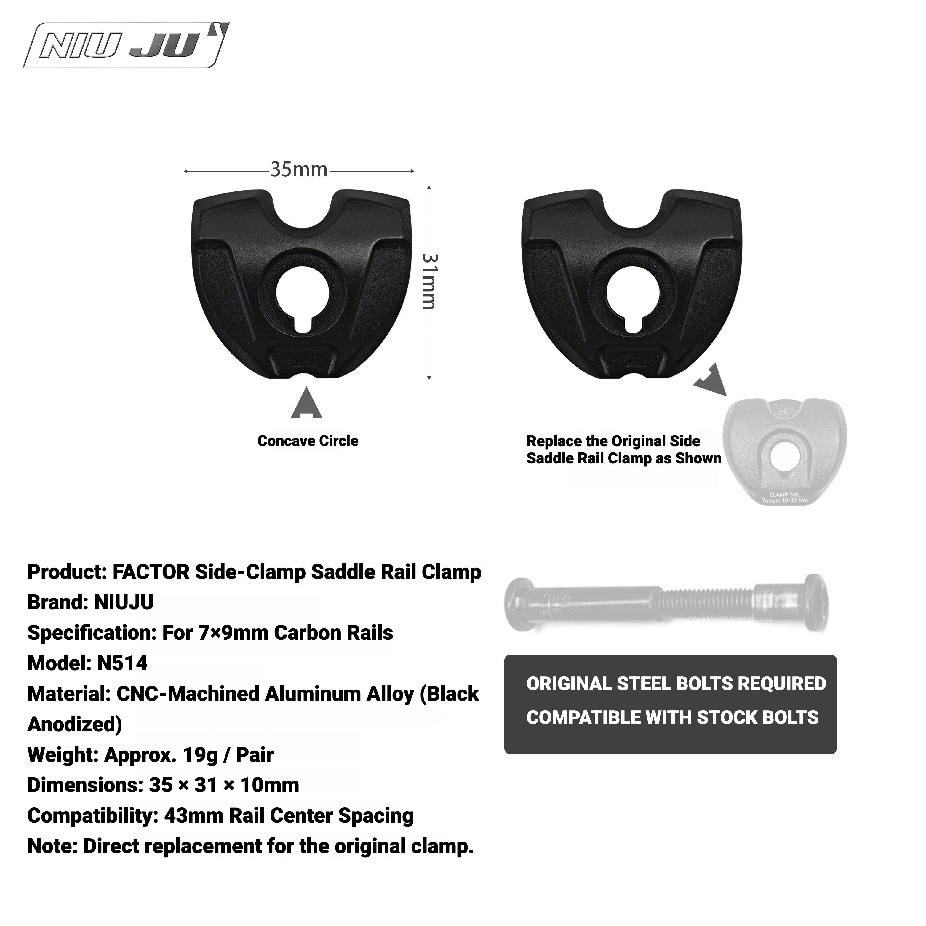 NIUJU Torque 10mm Saddle Clamp for FACTOR OSTRO VAM | 7×9mm Carbon Rail Compatible