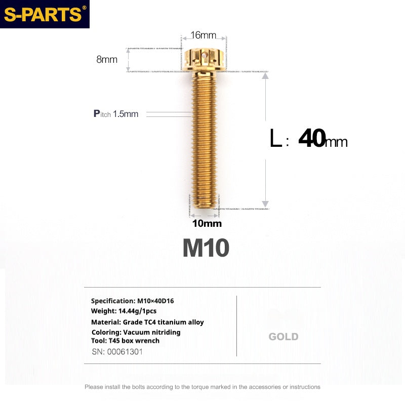 SPARTS Golden A3 Series M10 L12-120mm Titanium Screws Motorcycle Auto