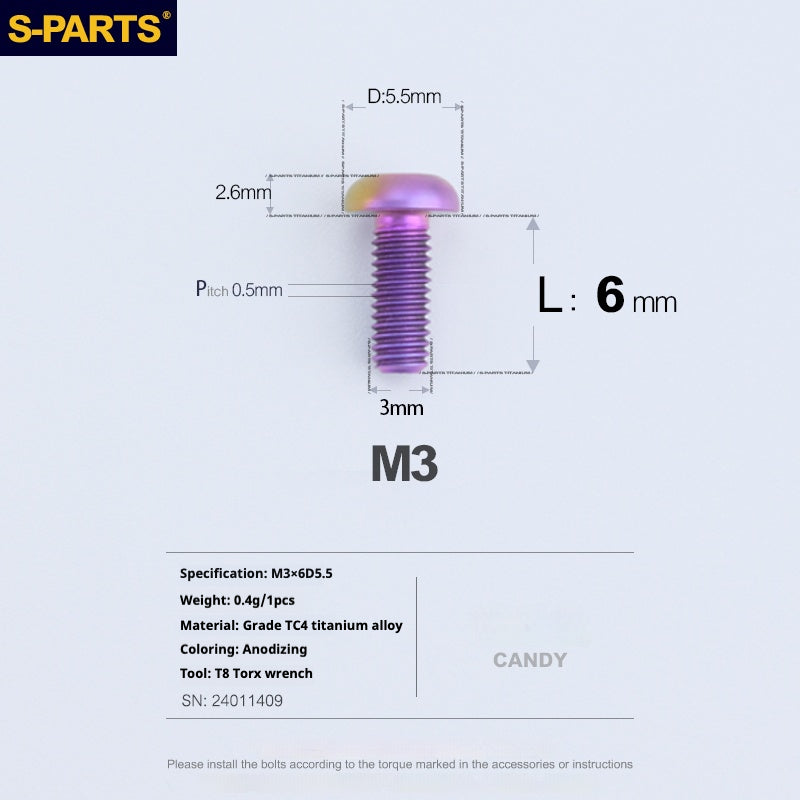 S-PARTS  mountain road bike  Titanium alloy screw M3*6/8/10/12/15 mm umbrella head screw