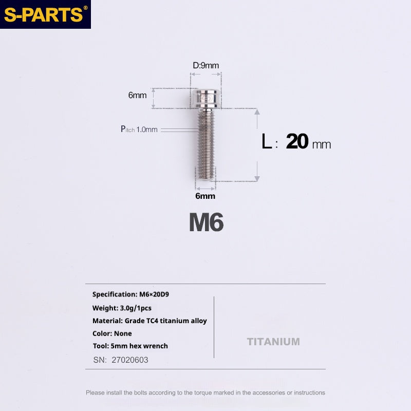 S-PARTS M6x10/12/14/16/18/20mm Cylindrical Head Ultra Light Titanium Screws