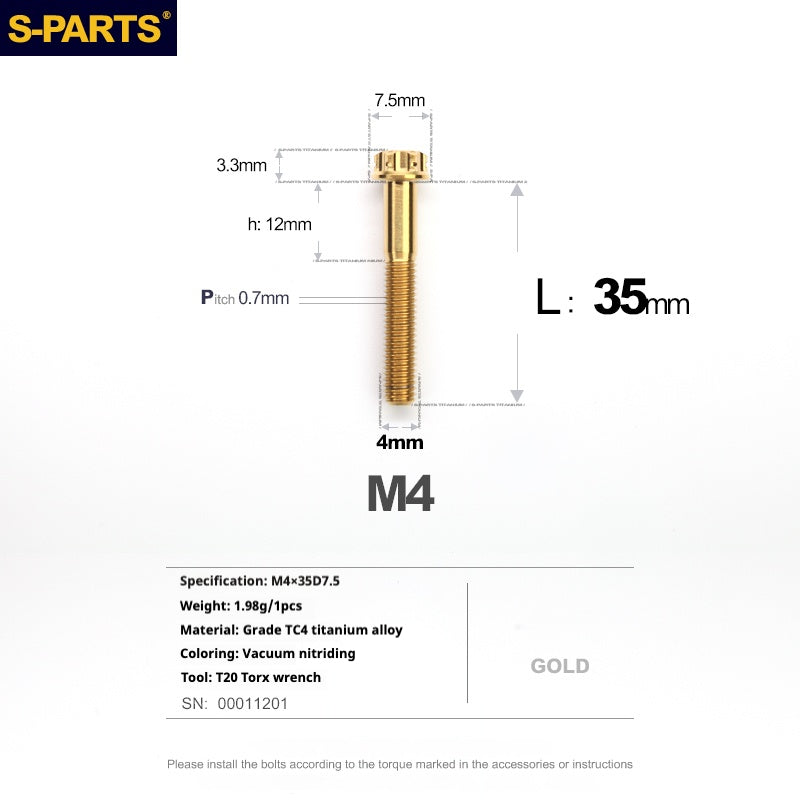 S-PARTS A3 Gold M4 Titanium Alloy Standard Parts Electric Vehicle Motorcycle Car Screw Bolt