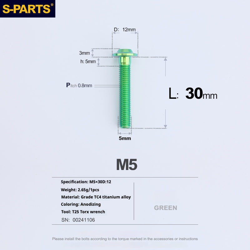 S-PARTS M5 10-30MM Motorcycle Electric Vehicle A3 New Umbrella Head D12 Titanium Alloy Screw