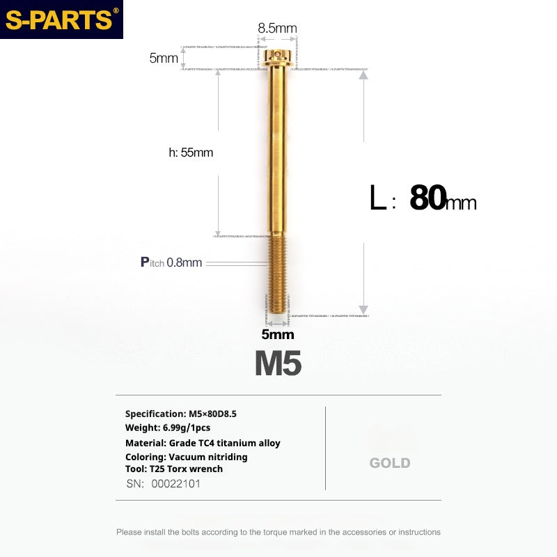 SPARTS Golden A3 Series M5 L06-95mm Golden Titanium Screws Motorcycle Auto