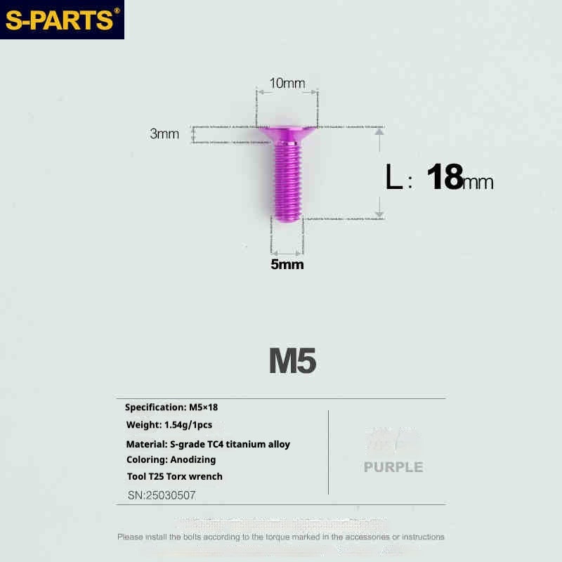 Tornillos de titanio de cabeza avellanada serie M5 L06-55 mm de SPARTS