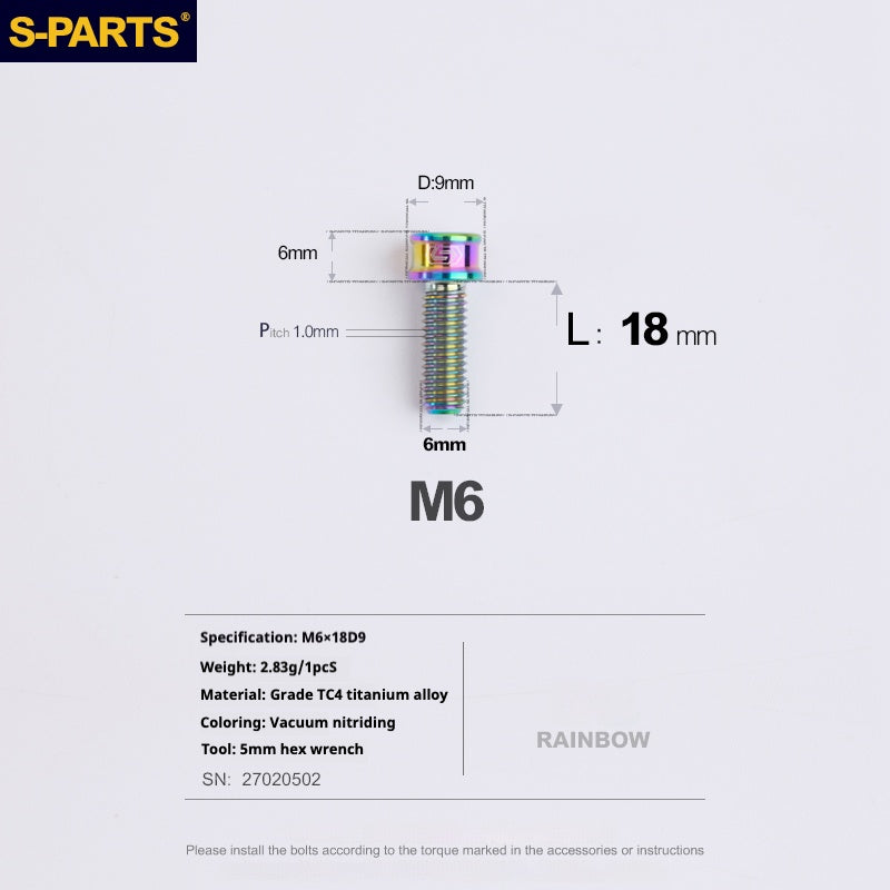 S-PARTS M6x10/12/14/16/18/20mm Cylindrical Head Ultra Light Titanium Screws