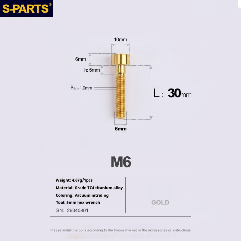 S-PARTS M6x30/40/35/50/60/70 Headset Cover Disc Brake Caliper Titanium Alloy Stem Head Screw