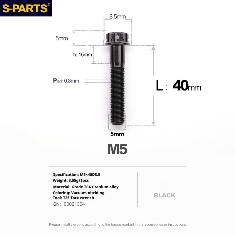 SPARTS Black A3 Series M5 L06-95mm Titanium Screws Motorcycle Auto