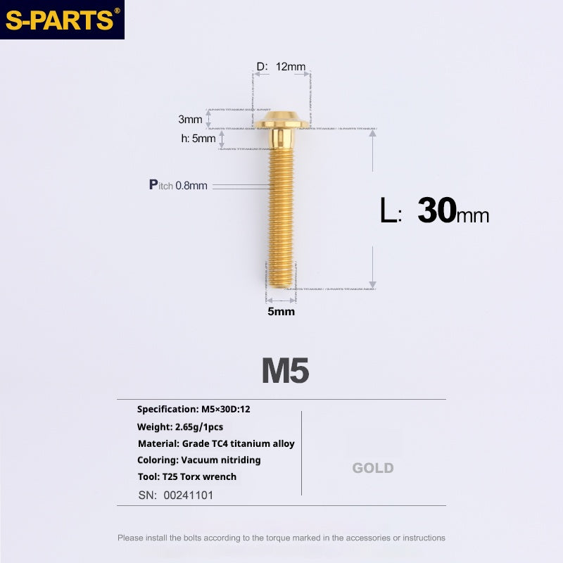 S-PARTS M5 10-30MM Motorcycle Electric Vehicle A3 New Umbrella Head D12 Titanium Alloy Screw