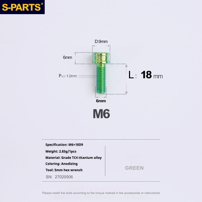 S-PARTS M6x10/12/14/16/18/20mm Cylindrical Head Ultra Light Titanium Screws