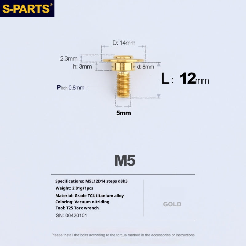 Tornillos de titanio dorados M5 para cabezal de paraguas SPARTS A3 Serie M5 para motocicletas y automóviles