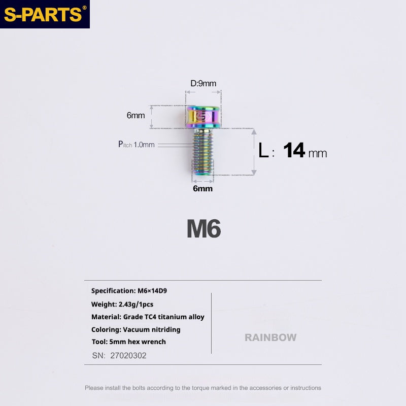 S-PARTS M6x10/12/14/16/18/20mm Cylindrical Head Ultra Light Titanium Screws