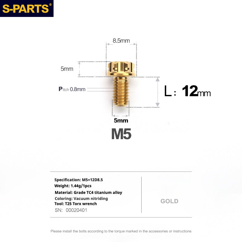 SPARTS Golden A3 Series M5 L06-95mm Golden Titanium Screws Motorcycle Auto