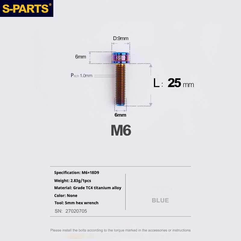 S-PARTS M6x10/12/14/16/18/20mm Cylindrical Head Ultra Light Titanium Screws