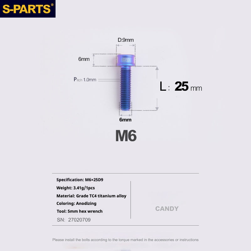 S-PARTS M6x10/12/14/16/18/20mm Cylindrical Head Ultra Light Titanium Screws