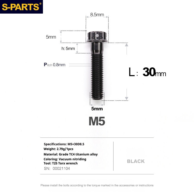 SPARTS Black A3 Series M5 L06-95mm Titanium Screws Motorcycle Auto