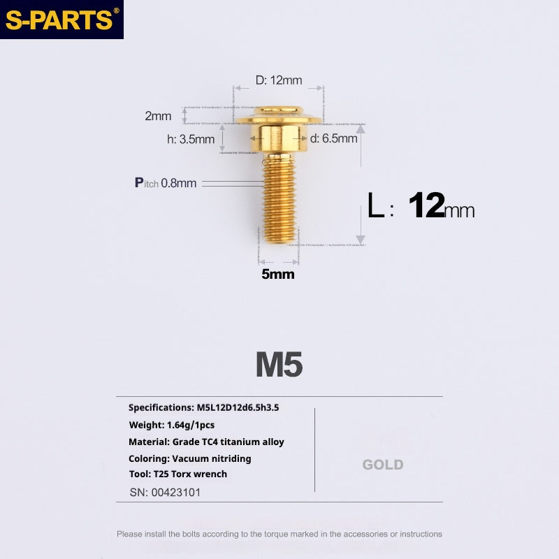 Tornillos de titanio dorados M5 para cabezal de paraguas SPARTS A3 Serie M5 para motocicletas y automóviles