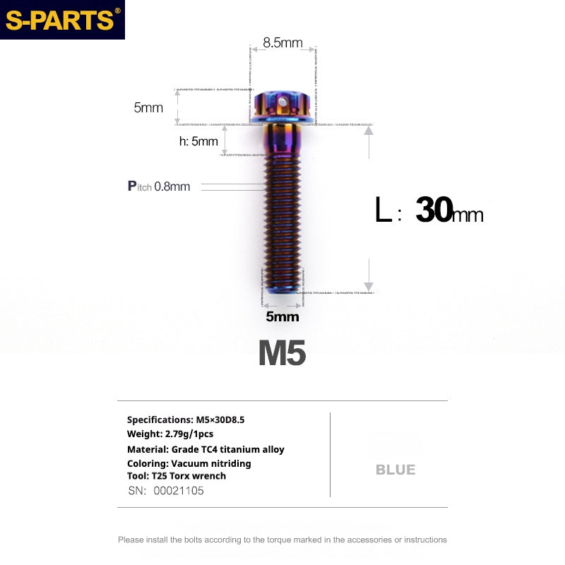 SPARTS Blue A3 Series M5 L06-95mm Titanium Screws Motorcycle Auto