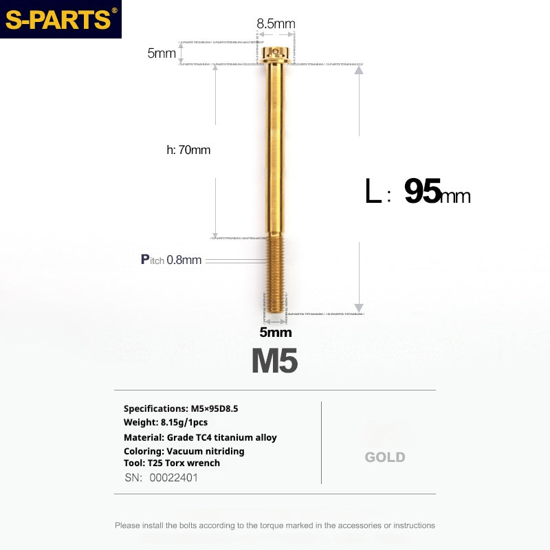 SPARTS Golden A3 Series M5 L06-95mm Golden Titanium Screws Motorcycle Auto