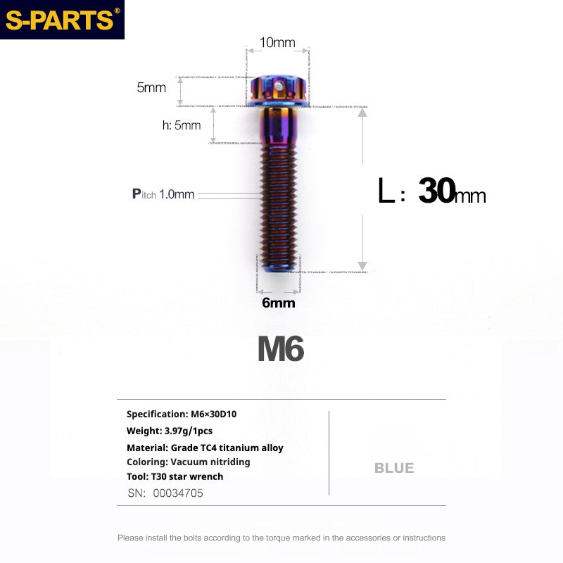 Tornillos de titanio azul SPARTS A3 Series M6 L08-120 mm para motocicletas y automóviles 