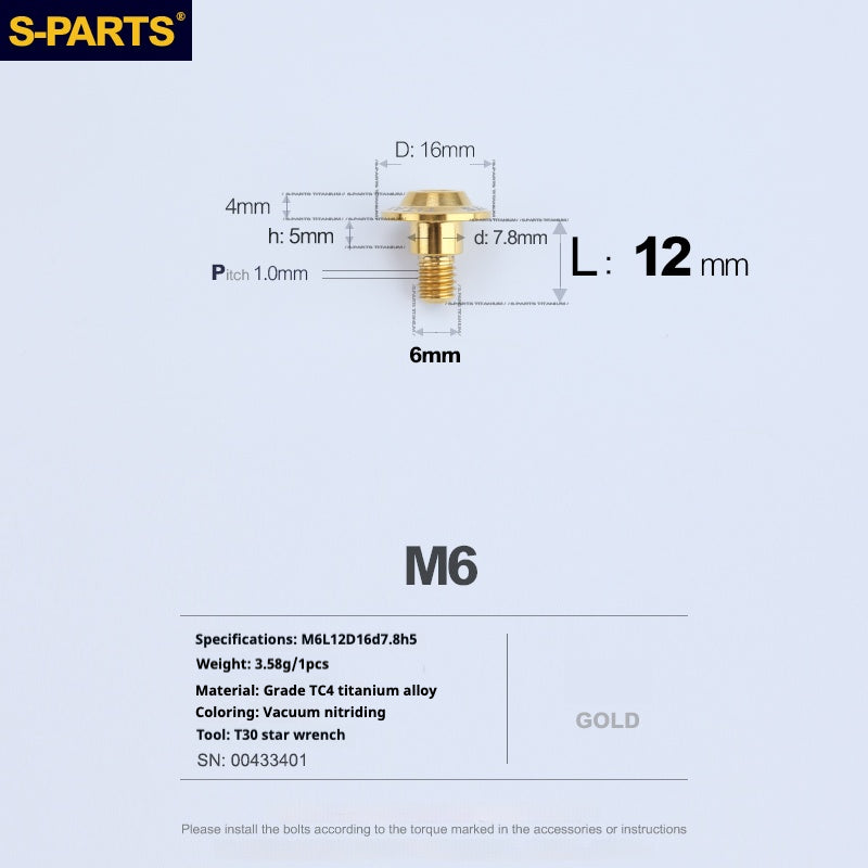 SPARTS A3 Umbrella Head Step Series M6 Golden Titanium Screws Motorcycle Auto