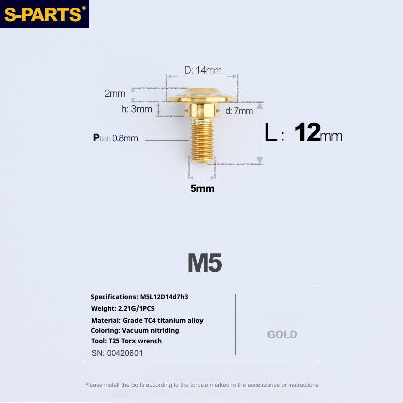 Tornillos de titanio dorados M5 para cabezal de paraguas SPARTS A3 Serie M5 para motocicletas y automóviles