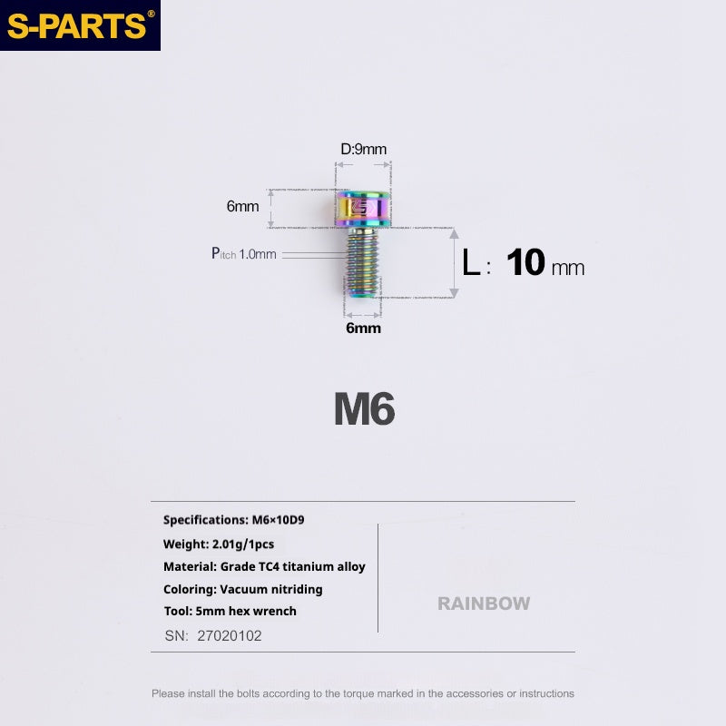 S-PARTS M6x10/12/14/16/18/20mm Cylindrical Head Ultra Light Titanium Screws