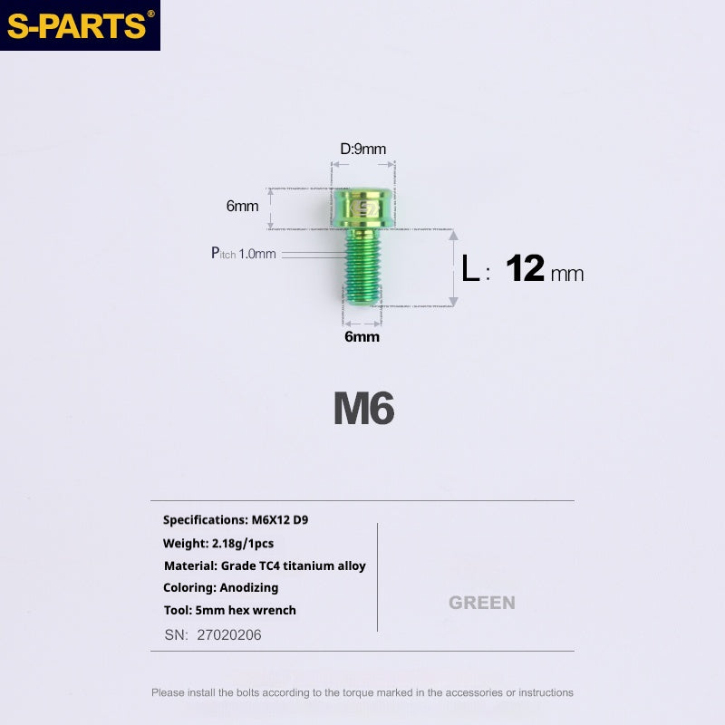 S-PARTS M6x10/12/14/16/18/20mm Cylindrical Head Ultra Light Titanium Screws