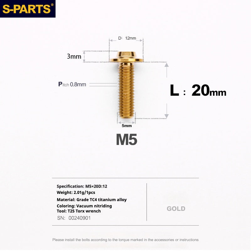 S-PARTS M5 10-30MM Motorcycle Electric Vehicle A3 New Umbrella Head D12 Titanium Alloy Screw